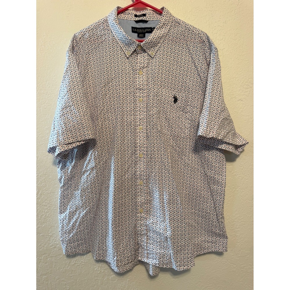 US Polo Assn Mens 3XL Short Sleeve Button Down Shirt White Red Blue Stretch